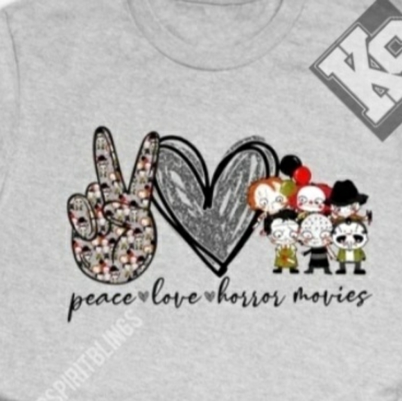Peace Love and Horror Movies Tee - Picture 1 of 1